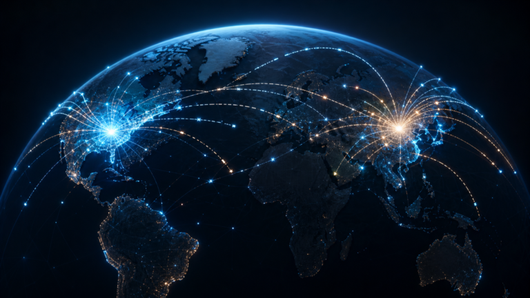 Globo com redes de dados conectando Estados Unidos e Ásia, representando o risco de bloqueio global da inteligência artificial