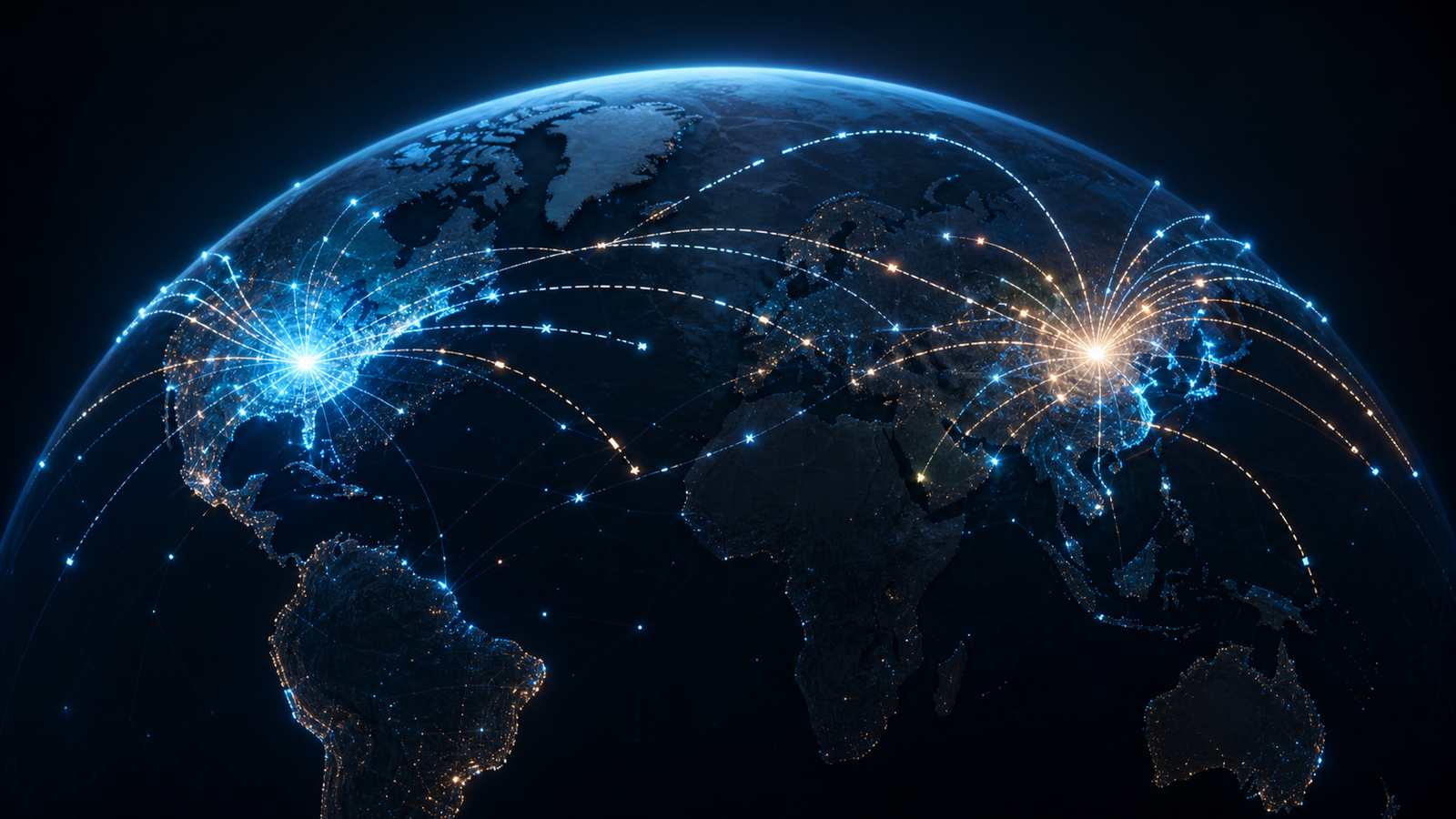 Globo com redes de dados conectando Estados Unidos e Ásia, representando o risco de bloqueio global da inteligência artificial