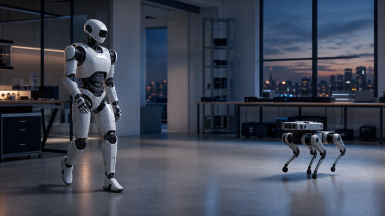 Robô humanoide e robô quadrúpede em laboratório de IA física