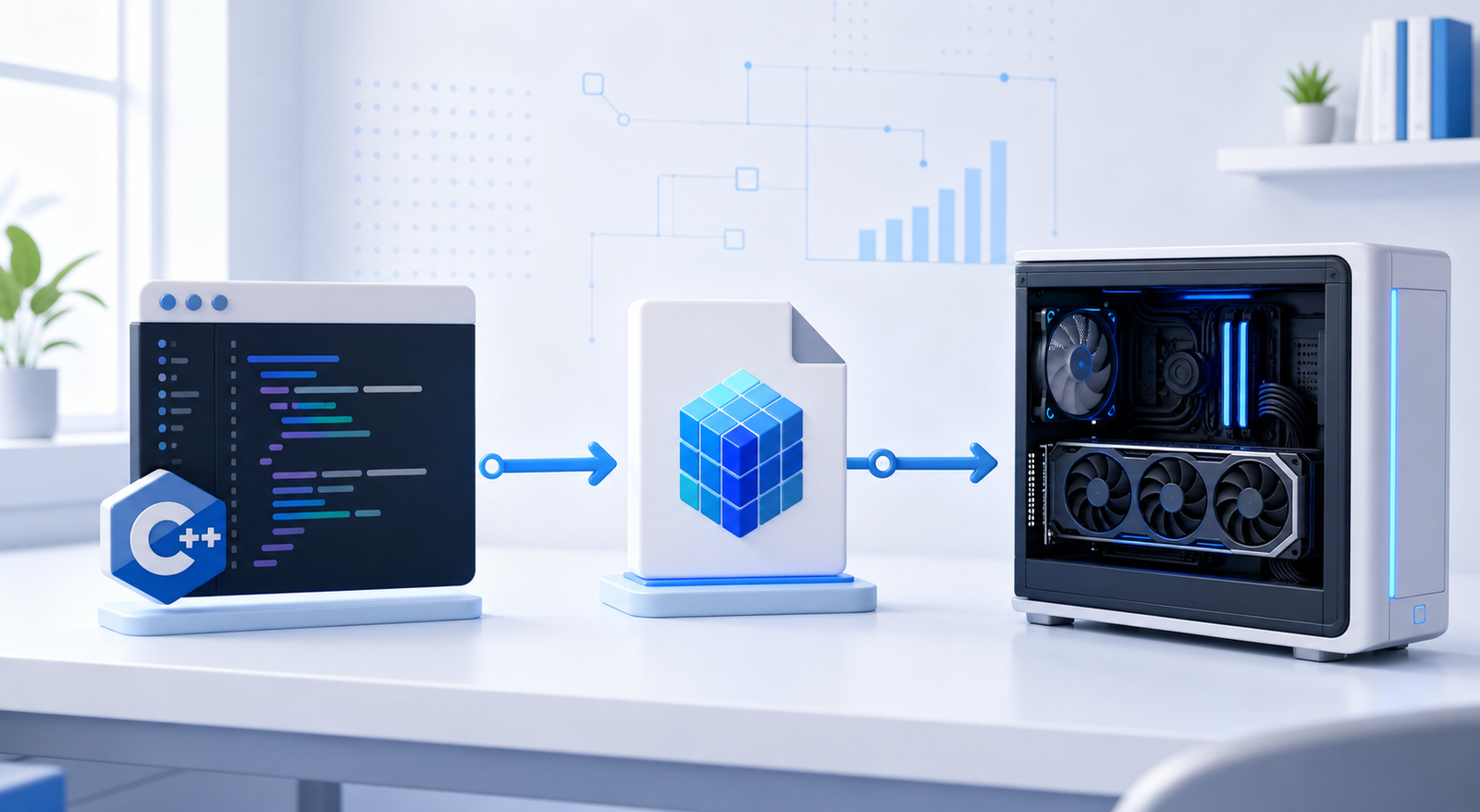 Fluxo visual do llama.cpp: código C++, arquivo GGUF e GPU local