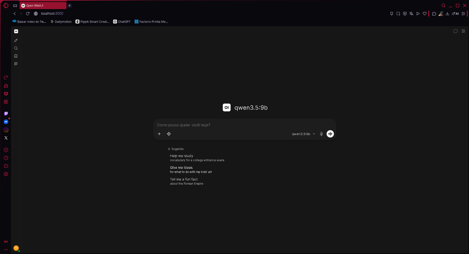 Open WebUI conectado ao Ollama com o modelo qwen3.5:9b