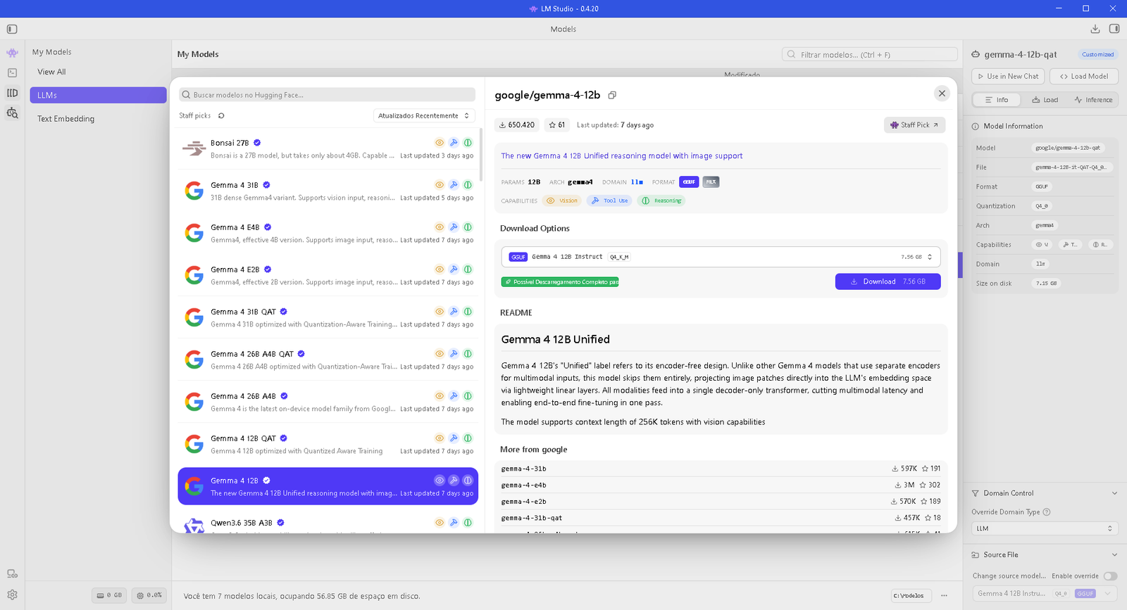 Área de download de modelos no LM Studio com opções de arquivo GGUF