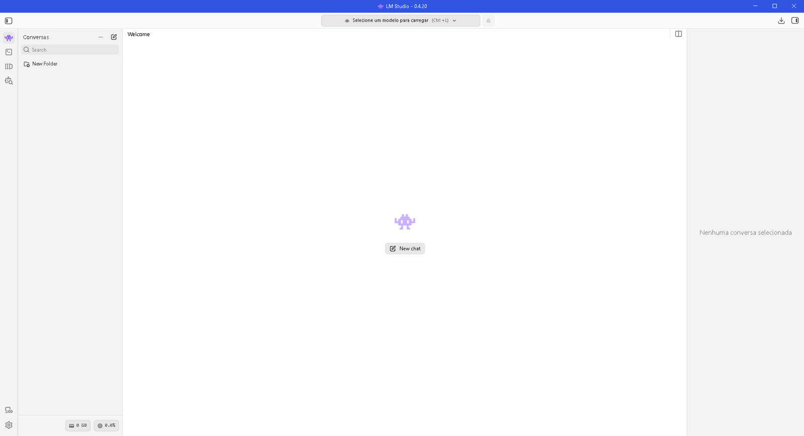 Interface de conversas do LM Studio para selecionar e carregar um modelo local