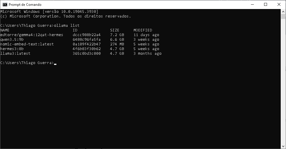 Resultado do comando ollama list mostrando os modelos locais instalados