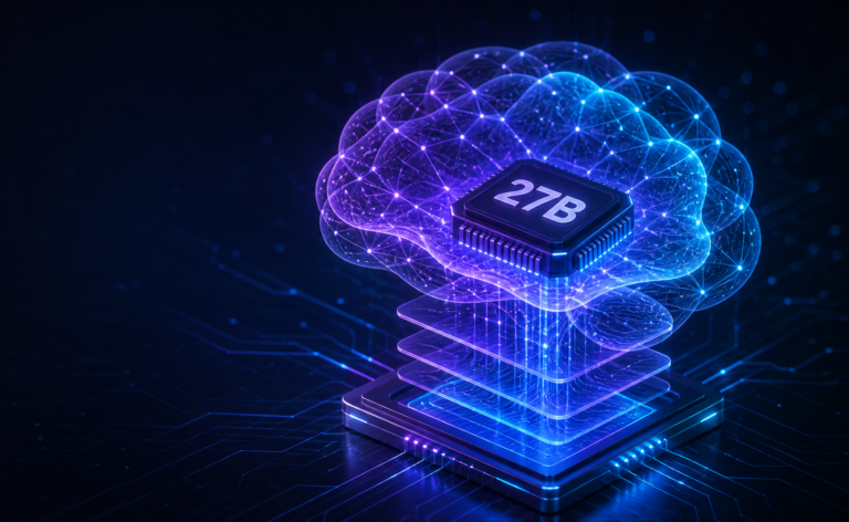 Ilustração de inteligência artificial em azul e roxo com chip 27B, representando o modelo Qwen3.8-27B